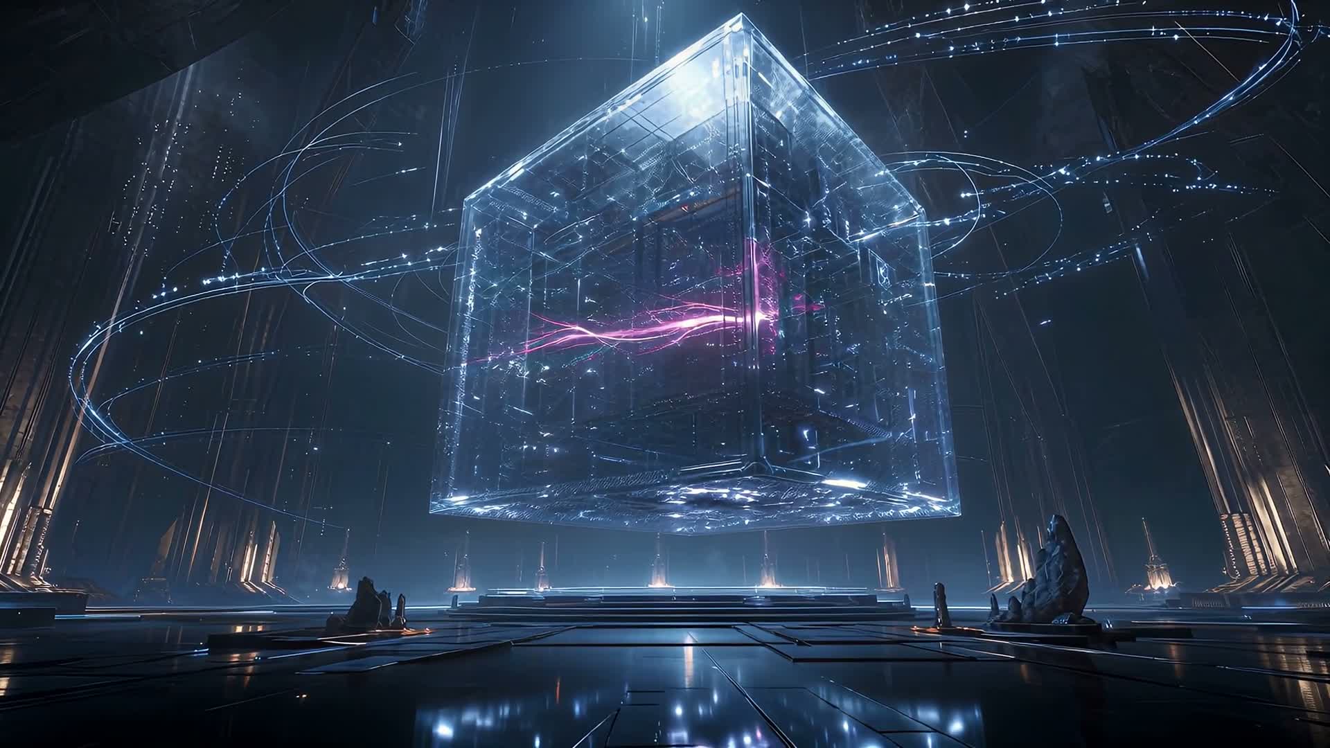 A luminous four-dimensional hypercube suspended in a deep-space intelligence observatory — a single pink anomaly threading a lattice of blue signal.